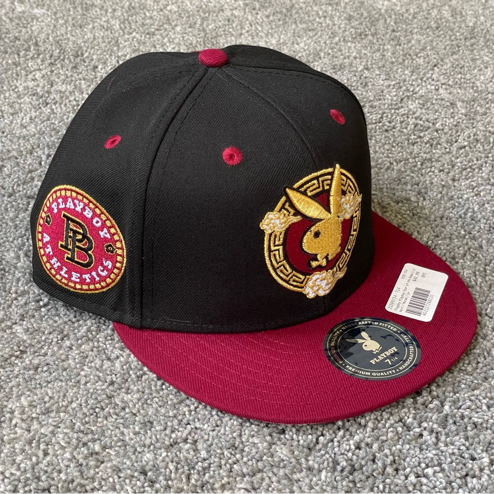 LidsHD Playboy Magazine Fitted Hat 7 1/4 PB Athletics Patch Maroon Black